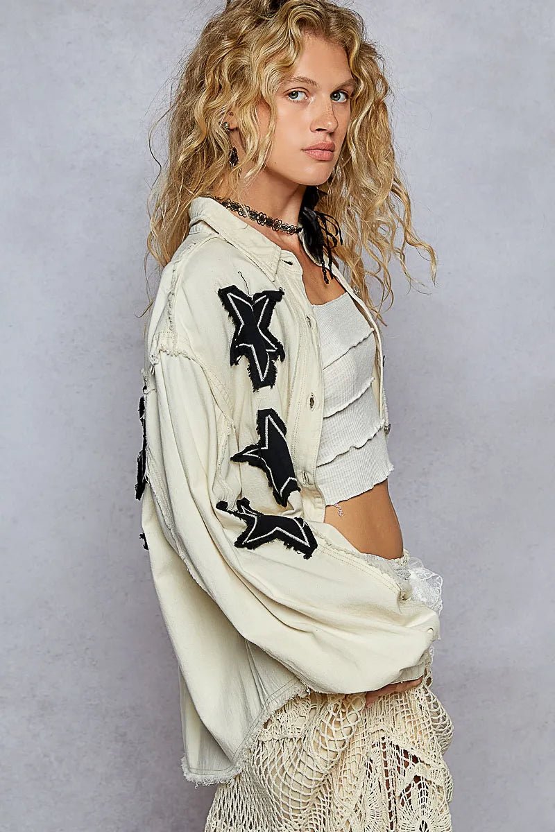 POL Star Patch Raw Hem Button Up Denim Jacket - Robbi & Angel