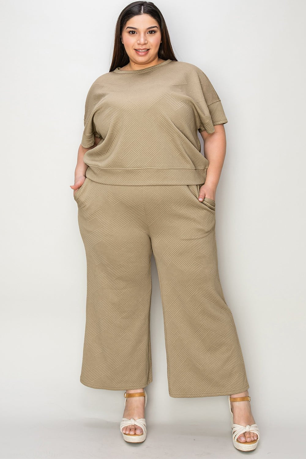 Double Take Full Size Texture Short Sleeve Top and Pants Set - Robbi & Angel