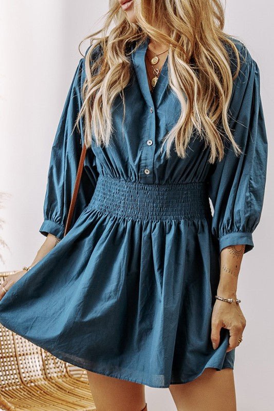 Vera 3/4 Sleeve Shirred High Waist Buttoned Dress - Robbi & Angel