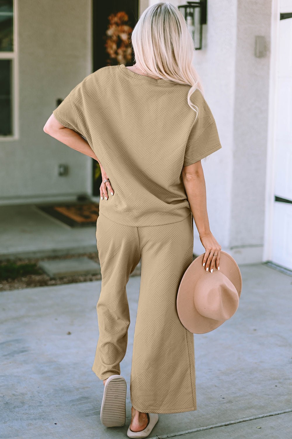 Double Take Full Size Texture Short Sleeve Top and Pants Set - Robbi & Angel