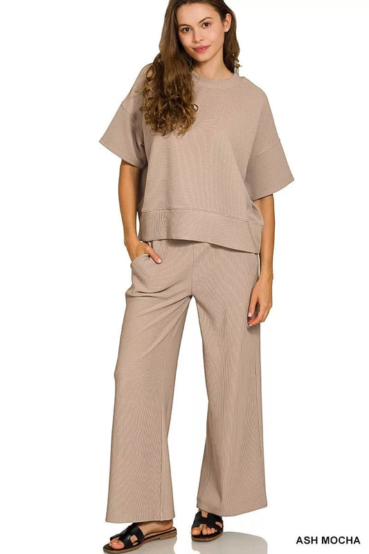 Zenana Ribbed Round Neck Tee & Pants Set - Robbi & Angel