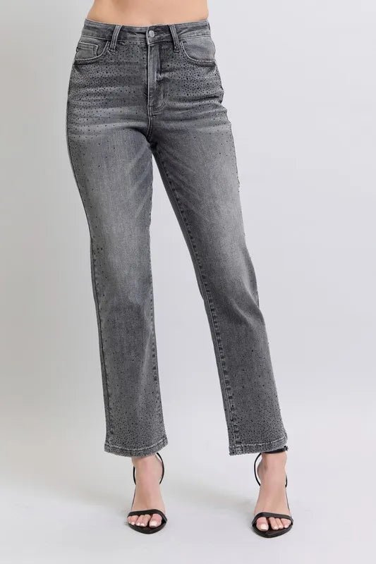 Judy Blue Full Size High Waist Rhinestone Straight Jeans Plus Size - Robbi & Angel