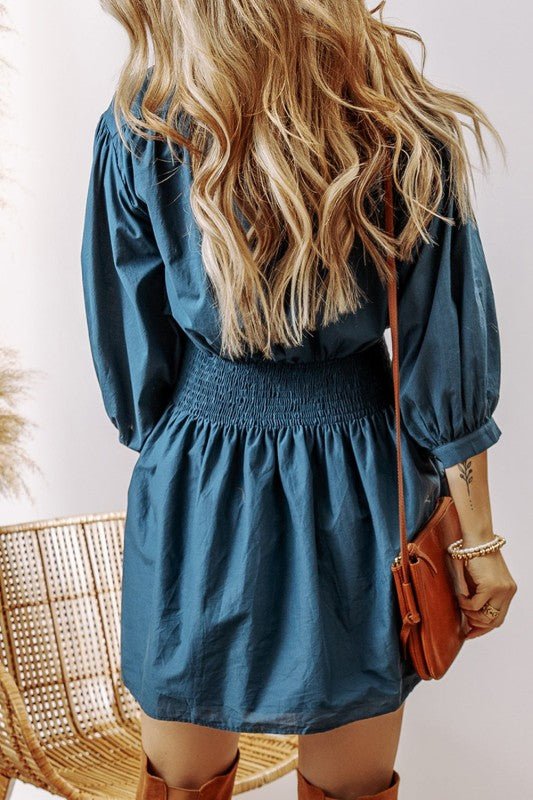Vera 3/4 Sleeve Shirred High Waist Buttoned Dress - Robbi & Angel