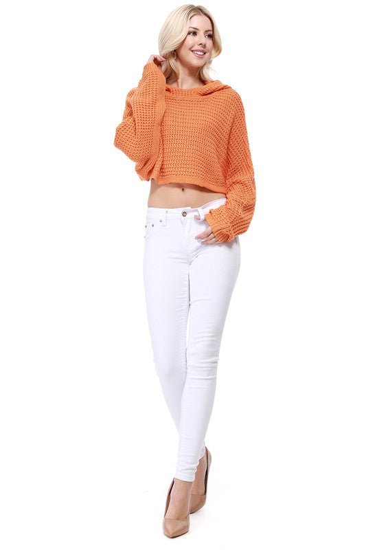 Bat Wing Sleeve Crop Waffle Knit Hoodie Top