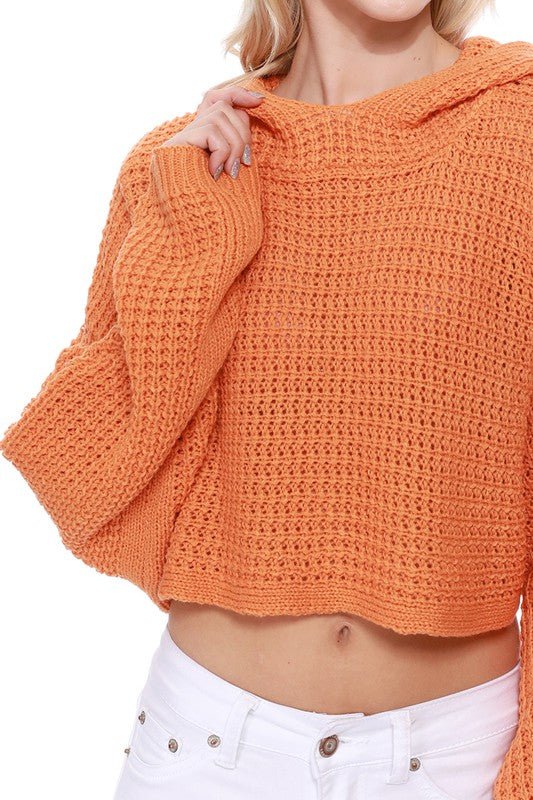 Bat Wing Sleeve Crop Waffle Knit Hoodie Top