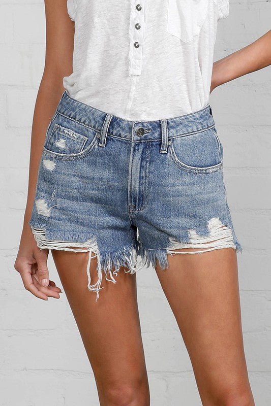 HIGH RISE DESTROYED DENIM SHORTS - Robbi & Angel