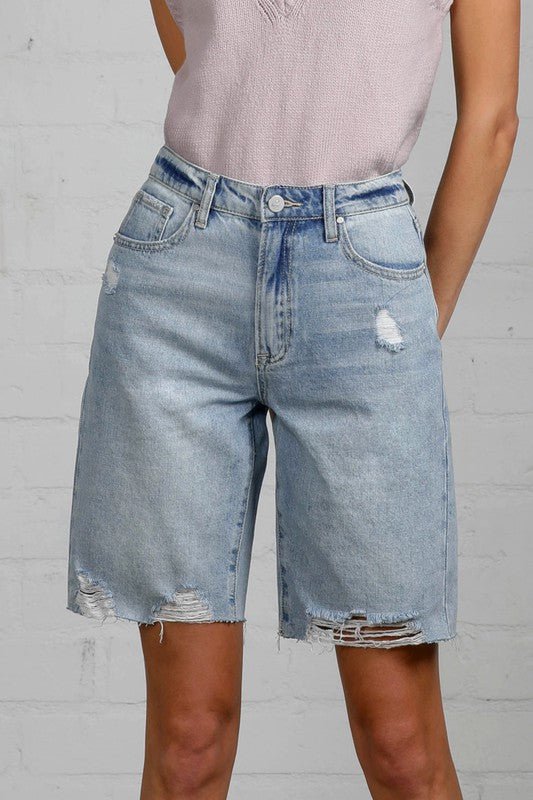 HIGH RISE BOTTOM HEM DISTRESSED BERMUDA SHORTS - Robbi & Angel