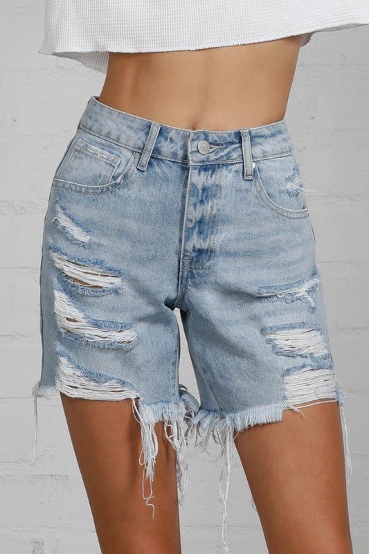 HIGH RISE FRONT HEAVY DESTROYED SHORTS - Robbi & Angel