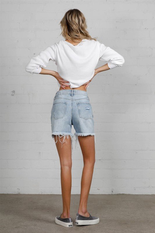 HIGH RISE FRONT HEAVY DESTROYED SHORTS - Robbi & Angel