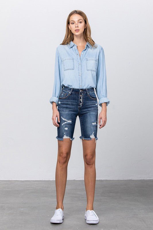 Frayed Raw Hem Ripped Bermuda Shorts