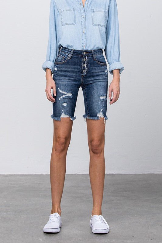 Frayed Raw Hem Ripped Bermuda Shorts