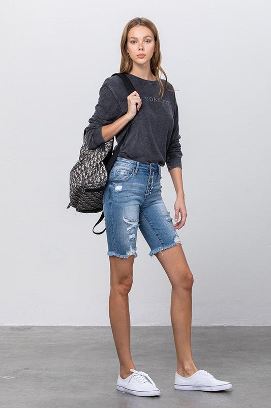 Frayed Raw Hem Ripped Bermuda Shorts