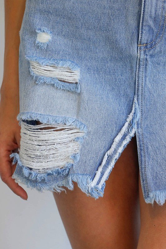 Split Middle Ripped Raw Hem Denim Skirt - Robbi & Angel