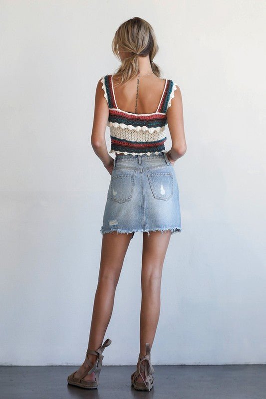 Split Middle Ripped Raw Hem Denim Skirt - Robbi & Angel