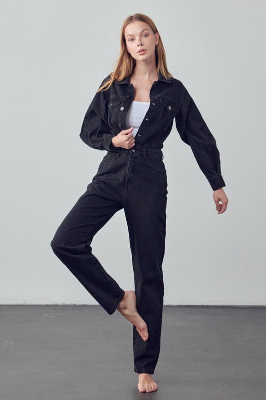 High Waist Flap Pocket Half Button Denim Jumpsuit - Robbi & Angel