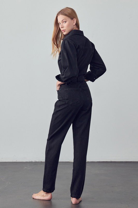 High Waist Flap Pocket Half Button Denim Jumpsuit - Robbi & Angel