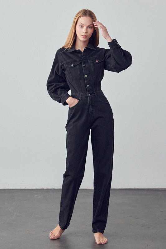 High Waist Flap Pocket Half Button Denim Jumpsuit - Robbi & Angel