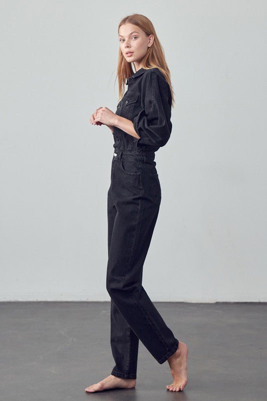 High Waist Flap Pocket Half Button Denim Jumpsuit - Robbi & Angel
