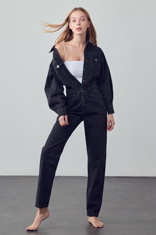 High Waist Flap Pocket Half Button Denim Jumpsuit - Robbi & Angel