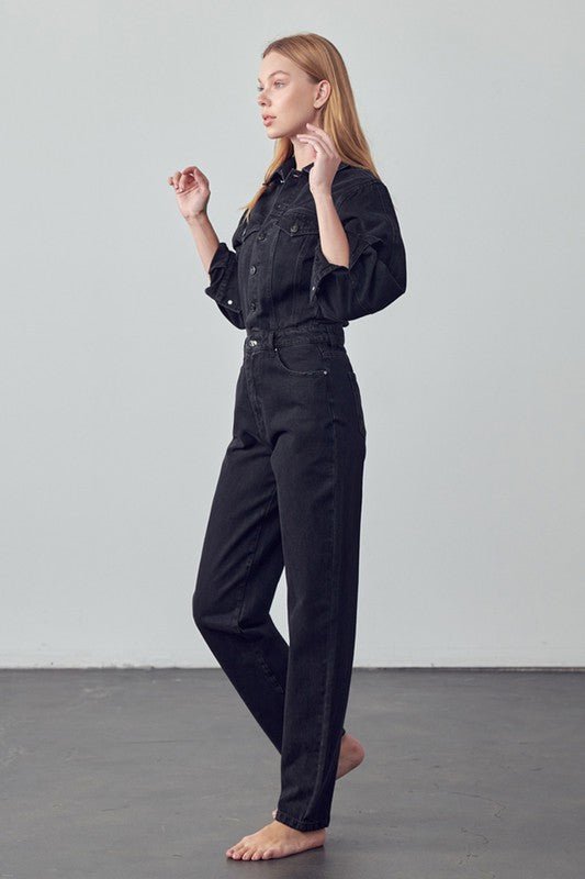 High Waist Flap Pocket Half Button Denim Jumpsuit - Robbi & Angel