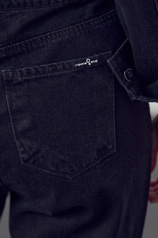 High Waist Flap Pocket Half Button Denim Jumpsuit - Robbi & Angel