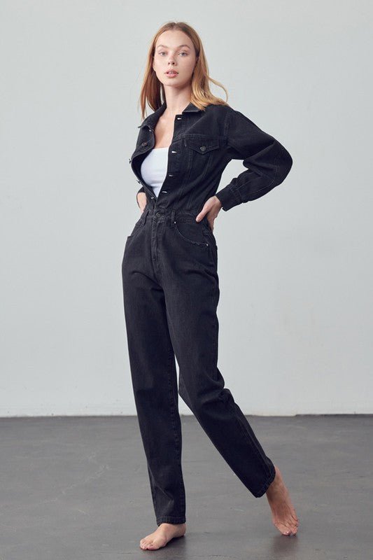 High Waist Flap Pocket Half Button Denim Jumpsuit - Robbi & Angel