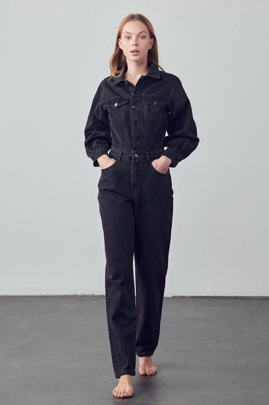 High Waist Flap Pocket Half Button Denim Jumpsuit - Robbi & Angel