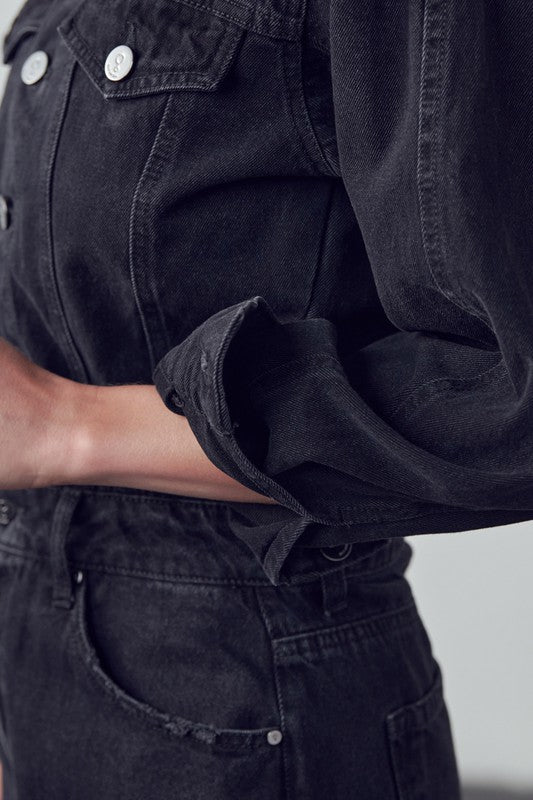 High Waist Flap Pocket Half Button Denim Jumpsuit - Robbi & Angel
