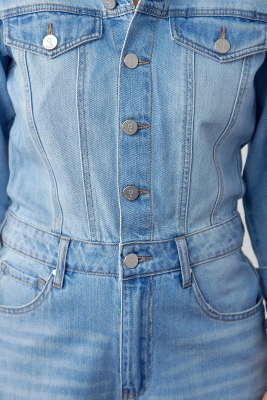 High Waist Flap Pocket Half Button Denim Jumpsuit - Robbi & Angel