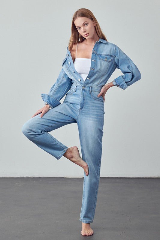 High Waist Flap Pocket Half Button Denim Jumpsuit - Robbi & Angel