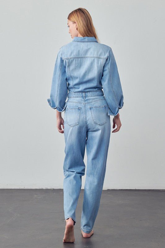 High Waist Flap Pocket Half Button Denim Jumpsuit - Robbi & Angel