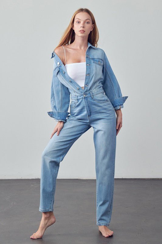 High Waist Flap Pocket Half Button Denim Jumpsuit - Robbi & Angel