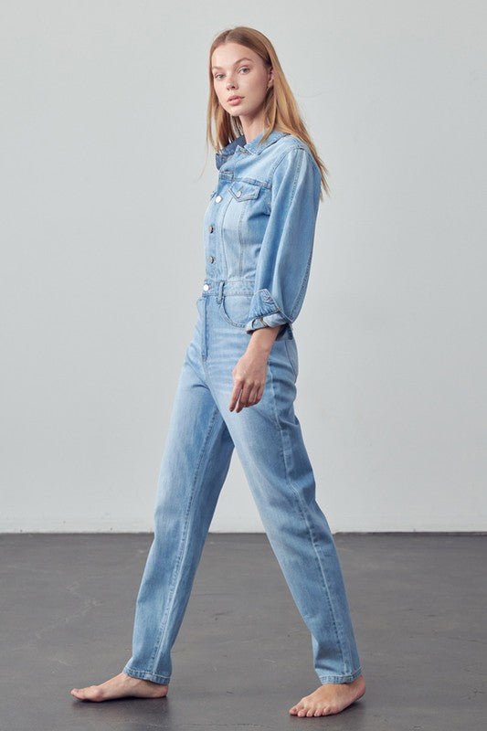 High Waist Flap Pocket Half Button Denim Jumpsuit - Robbi & Angel