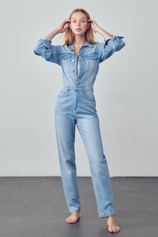 High Waist Flap Pocket Half Button Denim Jumpsuit - Robbi & Angel