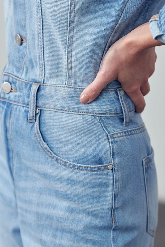 High Waist Flap Pocket Half Button Denim Jumpsuit - Robbi & Angel