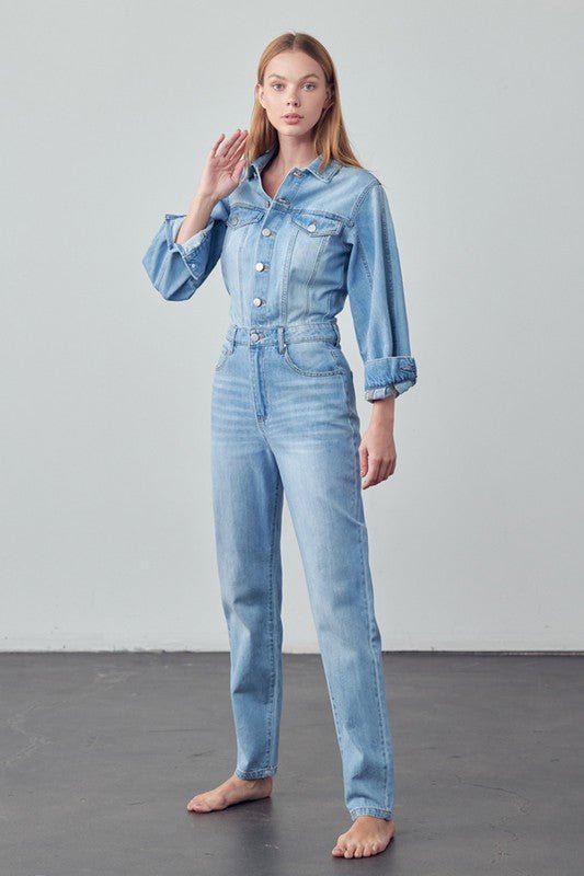 High Waist Flap Pocket Half Button Denim Jumpsuit - Robbi & Angel