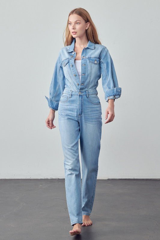 High Waist Flap Pocket Half Button Denim Jumpsuit - Robbi & Angel