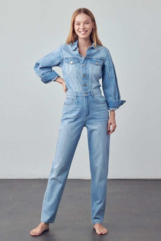 High Waist Flap Pocket Half Button Denim Jumpsuit - Robbi & Angel
