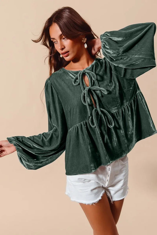 SO ME Spaghetti Strap Front Tie Velvet Holiday Blouse - Robbi & Angel