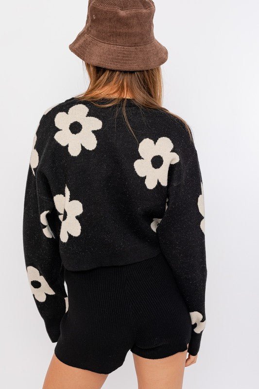 Long Sleeve Crop Sweater with Daisy Pattern - Robbi & Angel