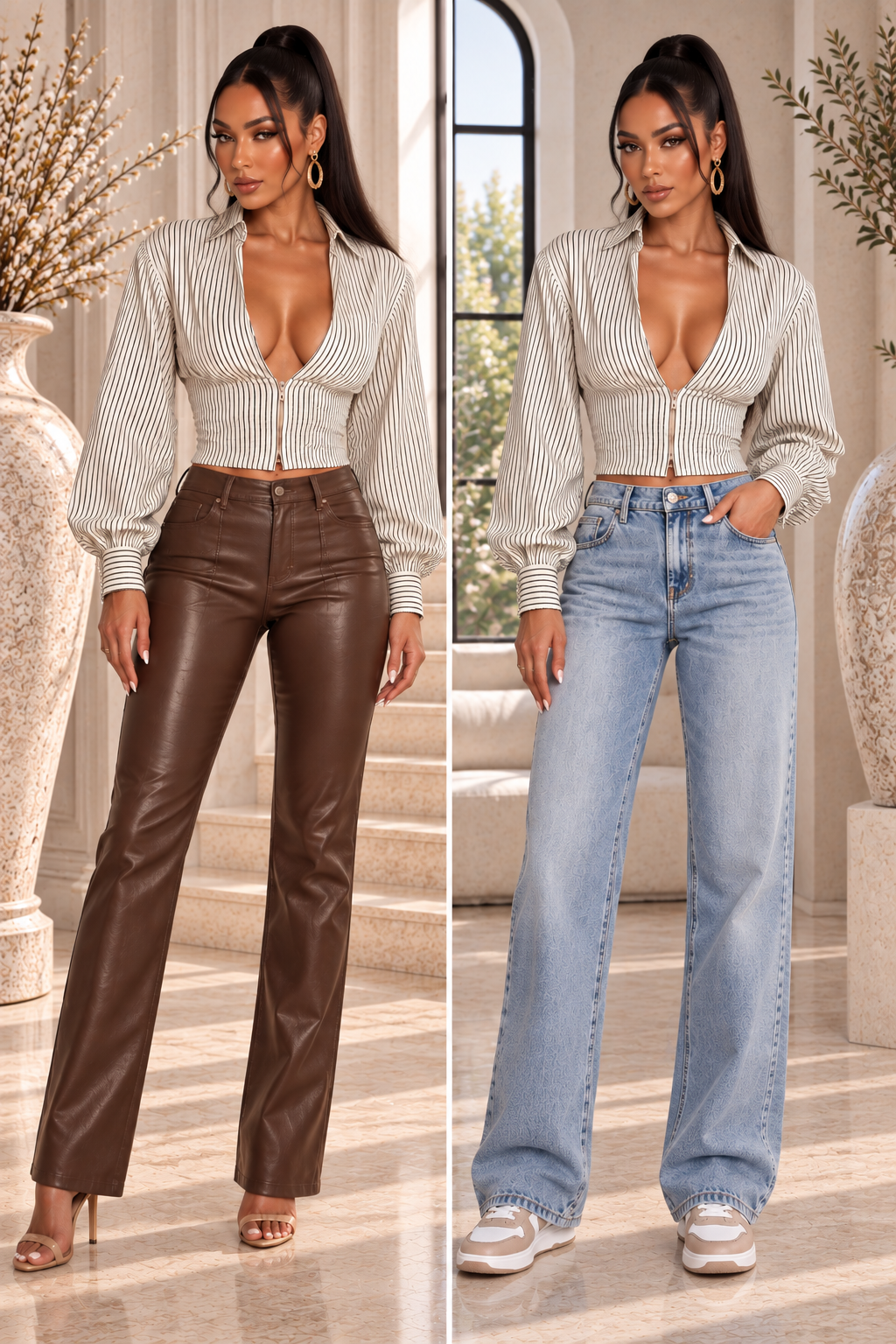 Ava Deep V-Neck Striped Long Sleeve Blouse