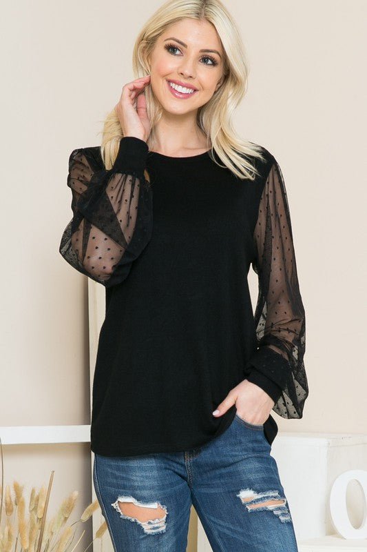 Mesh Dot Puff Sleeve Knit Top - Robbi & Angel
