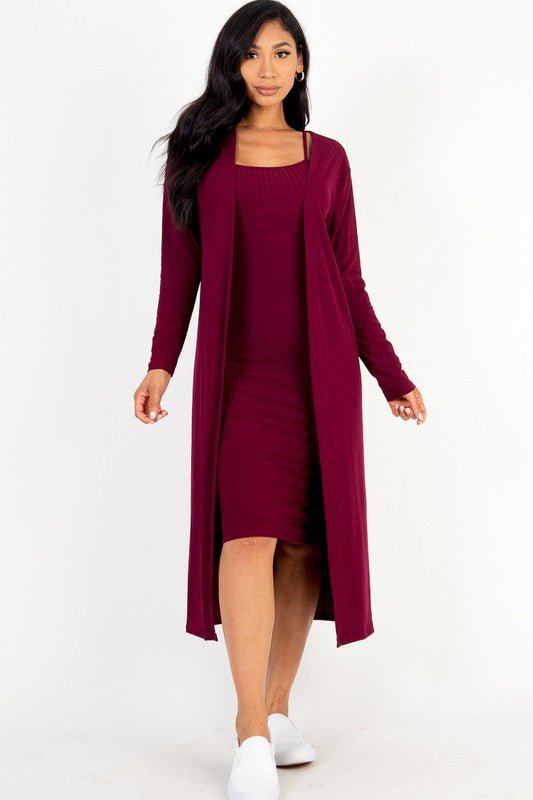 Ribbed Cardigan & Cami Midi Bodycon Dress - Robbi & Angel
