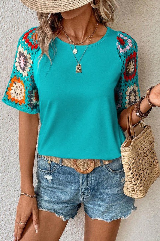 Black Floral Hollowed Crochet Sleeve Boho T Shirt - Robbi & Angel