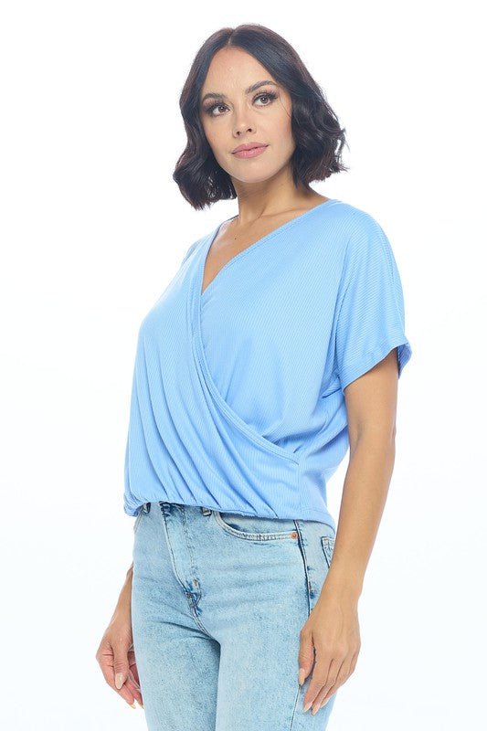 Short Sleeve V neck Rib Knit Surplice Top