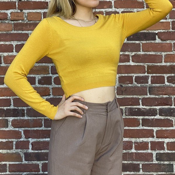 Round Neck Long Slv Crop Sweater Knit Crop Top