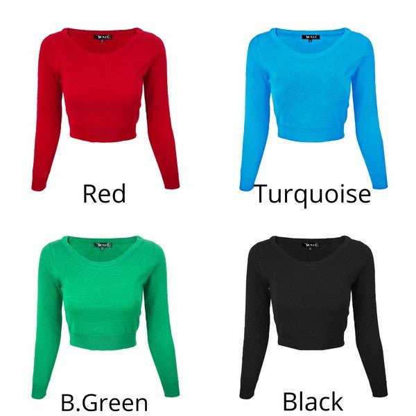 Round Neck Long Slv Crop Sweater Knit Crop Top