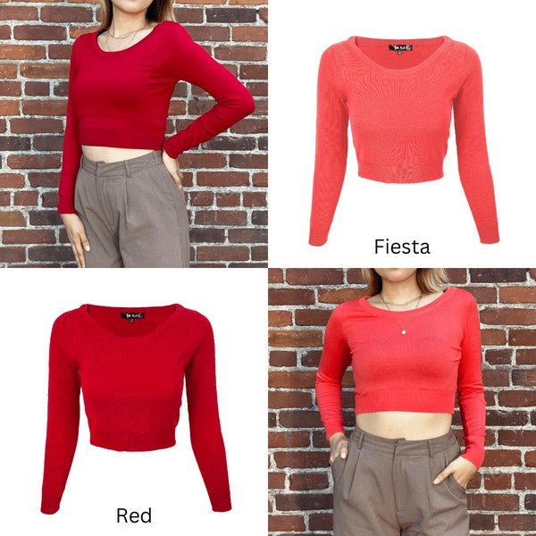 Round Neck Long Slv Crop Sweater Knit Crop Top