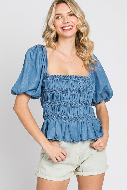 Denim Smocked Peplum Top - Robbi & Angel