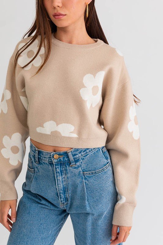 Long Sleeve Crop Sweater with Daisy Pattern - Robbi & Angel